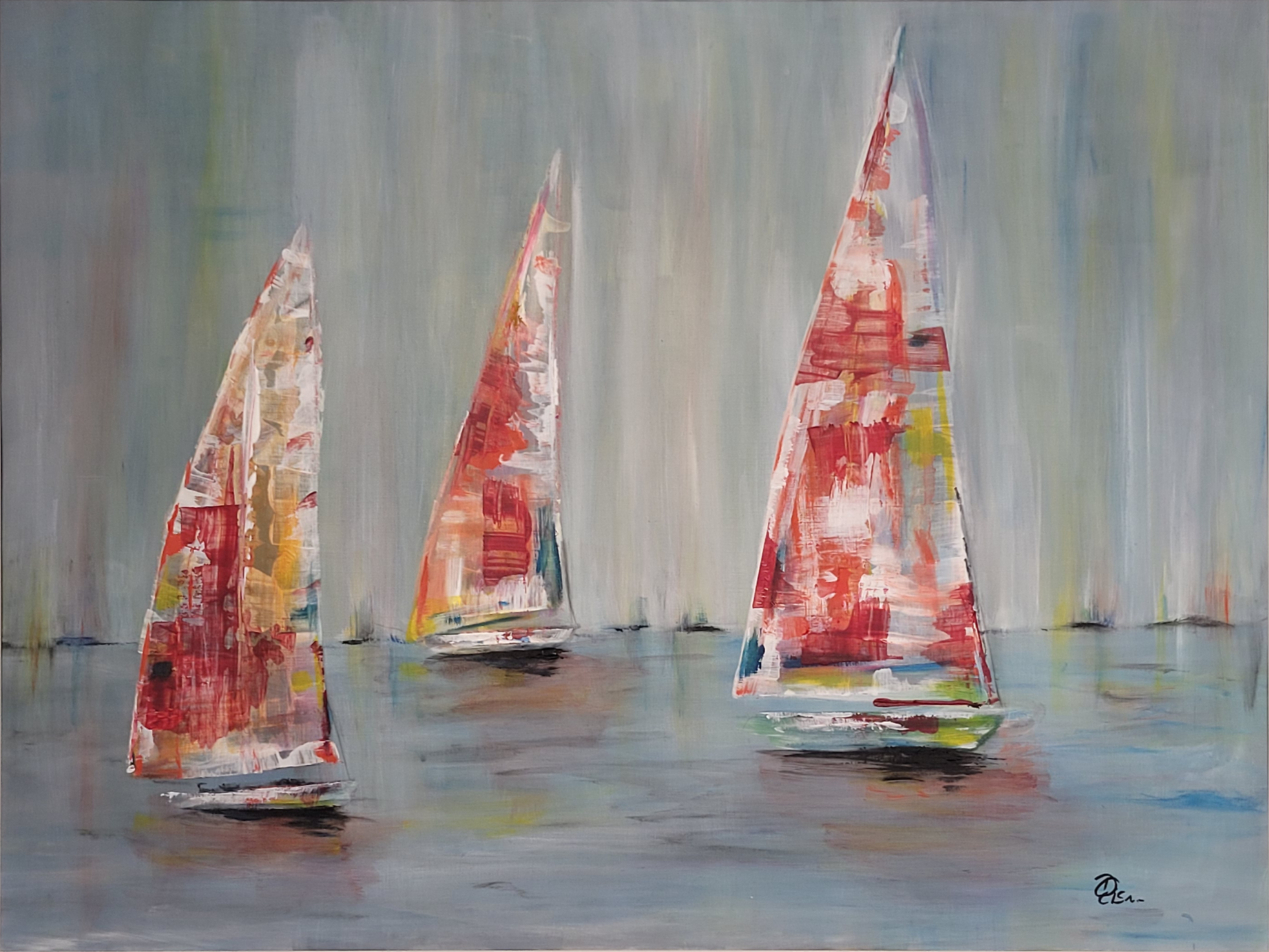 gemaltes Werk auf einer Malkarton - drei Segelschiffe in weiß rot und gelb